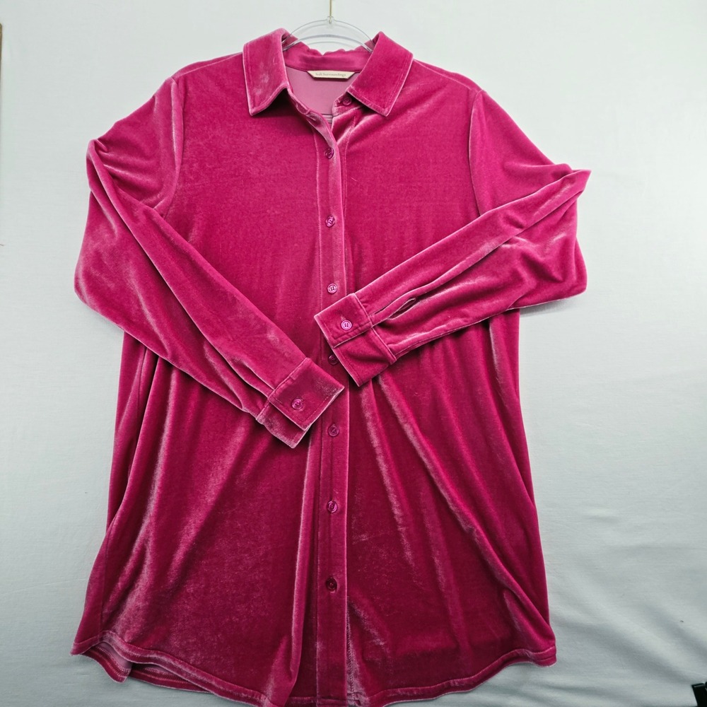 Soft Surroundings Tunic M Pink Velour Button Down Long Sleeve Quiet Elegance